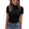 imagePRETTYGARDEN Short Sleeve T Shirts for Women Summer Clothes 2026 Casual Spring Tops Ruffle Mock Neck Ribbed Fitted Basic TeesBlack
