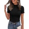 imagePRETTYGARDEN Short Sleeve T Shirts for Women Summer Clothes 2026 Casual Spring Tops Ruffle Mock Neck Ribbed Fitted Basic TeesBlack