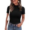 imagePRETTYGARDEN Short Sleeve T Shirts for Women Summer Clothes 2026 Casual Spring Tops Ruffle Mock Neck Ribbed Fitted Basic TeesBlack