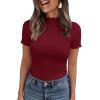 imagePRETTYGARDEN Short Sleeve T Shirts for Women Summer Clothes 2026 Casual Spring Tops Ruffle Mock Neck Ribbed Fitted Basic TeesBurgundy