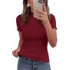 imagePRETTYGARDEN Short Sleeve T Shirts for Women Summer Clothes 2026 Casual Spring Tops Ruffle Mock Neck Ribbed Fitted Basic TeesBurgundy