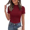 imagePRETTYGARDEN Short Sleeve T Shirts for Women Summer Clothes 2026 Casual Spring Tops Ruffle Mock Neck Ribbed Fitted Basic TeesBurgundy