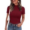 imagePRETTYGARDEN Short Sleeve T Shirts for Women Summer Clothes 2026 Casual Spring Tops Ruffle Mock Neck Ribbed Fitted Basic TeesBurgundy