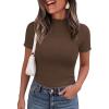 imagePRETTYGARDEN Short Sleeve T Shirts for Women Summer Clothes 2026 Casual Spring Tops Ruffle Mock Neck Ribbed Fitted Basic TeesCoffee