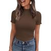 imagePRETTYGARDEN Short Sleeve T Shirts for Women Summer Clothes 2026 Casual Spring Tops Ruffle Mock Neck Ribbed Fitted Basic TeesCoffee