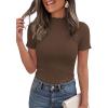 imagePRETTYGARDEN Short Sleeve T Shirts for Women Summer Clothes 2026 Casual Spring Tops Ruffle Mock Neck Ribbed Fitted Basic TeesCoffee