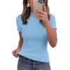imagePRETTYGARDEN Short Sleeve T Shirts for Women Summer Clothes 2026 Casual Spring Tops Ruffle Mock Neck Ribbed Fitted Basic TeesLight Blue