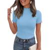 imagePRETTYGARDEN Short Sleeve T Shirts for Women Summer Clothes 2026 Casual Spring Tops Ruffle Mock Neck Ribbed Fitted Basic TeesLight Blue