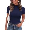 imagePRETTYGARDEN Short Sleeve T Shirts for Women Summer Clothes 2026 Casual Spring Tops Ruffle Mock Neck Ribbed Fitted Basic TeesNavy Blue