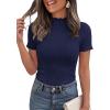 imagePRETTYGARDEN Short Sleeve T Shirts for Women Summer Clothes 2026 Casual Spring Tops Ruffle Mock Neck Ribbed Fitted Basic TeesNavy Blue