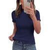 imagePRETTYGARDEN Short Sleeve T Shirts for Women Summer Clothes 2026 Casual Spring Tops Ruffle Mock Neck Ribbed Fitted Basic TeesNavy Blue
