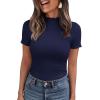imagePRETTYGARDEN Short Sleeve T Shirts for Women Summer Clothes 2026 Casual Spring Tops Ruffle Mock Neck Ribbed Fitted Basic TeesNavy Blue