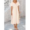 imagePRETTYGARDEN Summer Dress for Women 2026 Casual Short Sleeve Bow Tie V Neck Ruffle Midi Flowy DressesBeige