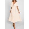 imagePRETTYGARDEN Summer Dress for Women 2026 Casual Short Sleeve Bow Tie V Neck Ruffle Midi Flowy DressesBeige