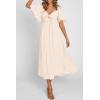 imagePRETTYGARDEN Summer Dress for Women 2026 Casual Short Sleeve Bow Tie V Neck Ruffle Midi Flowy DressesBeige