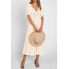 imagePRETTYGARDEN Summer Dress for Women 2026 Casual Short Sleeve Bow Tie V Neck Ruffle Midi Flowy DressesBeige