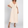 imagePRETTYGARDEN Summer Dress for Women 2026 Casual Short Sleeve Bow Tie V Neck Ruffle Midi Flowy DressesBeige