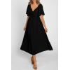 imagePRETTYGARDEN Summer Dress for Women 2026 Casual Short Sleeve Bow Tie V Neck Ruffle Midi Flowy DressesBlack