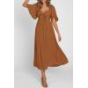 imagePRETTYGARDEN Summer Dress for Women 2026 Casual Short Sleeve Bow Tie V Neck Ruffle Midi Flowy DressesBrown