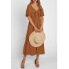imagePRETTYGARDEN Summer Dress for Women 2026 Casual Short Sleeve Bow Tie V Neck Ruffle Midi Flowy DressesBrown