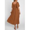 imagePRETTYGARDEN Summer Dress for Women 2026 Casual Short Sleeve Bow Tie V Neck Ruffle Midi Flowy DressesBrown