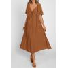 imagePRETTYGARDEN Summer Dress for Women 2026 Casual Short Sleeve Bow Tie V Neck Ruffle Midi Flowy DressesBrown