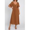 imagePRETTYGARDEN Summer Dress for Women 2026 Casual Short Sleeve Bow Tie V Neck Ruffle Midi Flowy DressesBrown