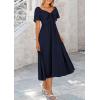 imagePRETTYGARDEN Summer Dress for Women 2026 Casual Short Sleeve Bow Tie V Neck Ruffle Midi Flowy DressesDark Blue