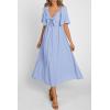 imagePRETTYGARDEN Summer Dress for Women 2026 Casual Short Sleeve Bow Tie V Neck Ruffle Midi Flowy DressesLight Blue