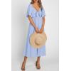 imagePRETTYGARDEN Summer Dress for Women 2026 Casual Short Sleeve Bow Tie V Neck Ruffle Midi Flowy DressesLight Blue