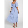 imagePRETTYGARDEN Summer Dress for Women 2026 Casual Short Sleeve Bow Tie V Neck Ruffle Midi Flowy DressesLight Blue