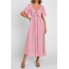 imagePRETTYGARDEN Summer Dress for Women 2026 Casual Short Sleeve Bow Tie V Neck Ruffle Midi Flowy DressesLight Pink