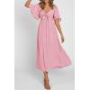 imagePRETTYGARDEN Summer Dress for Women 2026 Casual Short Sleeve Bow Tie V Neck Ruffle Midi Flowy DressesLight Pink