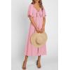 imagePRETTYGARDEN Summer Dress for Women 2026 Casual Short Sleeve Bow Tie V Neck Ruffle Midi Flowy DressesLight Pink