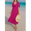 imagePRETTYGARDEN Summer Dress for Women 2026 Casual Short Sleeve Bow Tie V Neck Ruffle Midi Flowy DressesRose Red