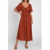 imagePRETTYGARDEN Summer Dress for Women 2026 Casual Short Sleeve Bow Tie V Neck Ruffle Midi Flowy DressesRust Red