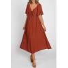 imagePRETTYGARDEN Summer Dress for Women 2026 Casual Short Sleeve Bow Tie V Neck Ruffle Midi Flowy DressesRust Red