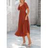 imagePRETTYGARDEN Summer Dress for Women 2026 Casual Short Sleeve Bow Tie V Neck Ruffle Midi Flowy DressesRust Red