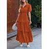 imagePRETTYGARDEN Summer Maxi Dresses for Women Puff Short Sleeve Lapel V Neck Belt Tiered A Line Ruffle Flowy Elegant Party Dress Brick RedLarge