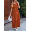 imagePRETTYGARDEN Summer Maxi Dresses for Women Puff Short Sleeve Lapel V Neck Belt Tiered A Line Ruffle Flowy Elegant Party Dress Brick RedLarge