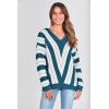 imagePRETTYGARDEN Sweaters for Women 2026 Long Sleeve Striped Knitted V Neck Pullover Jumper Tops Fall Outfits Fashion ClothingStriped Denim Blue