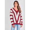 imagePRETTYGARDEN Sweaters for Women 2026 Long Sleeve Striped Knitted V Neck Pullover Jumper Tops Fall Outfits Fashion ClothingStriped Red