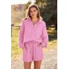 imagePRETTYGARDEN Womens 2 Piece Tracksuit Outfit Long Sleeve Blouse High Waisted Drawstring Shorts Loungewear Set PinkMedium