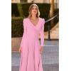 imagePRETTYGARDEN Womens 2024 Fall Midi Dress Puff Long Sleeve Wrap V Neck A Line Flowy Casual Elegant Cocktail Party Dresses PinkMedium