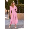 imagePRETTYGARDEN Womens 2024 Fall Midi Dress Puff Long Sleeve Wrap V Neck A Line Flowy Casual Elegant Cocktail Party Dresses PinkMedium