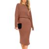 imagePRETTYGARDEN Womens 2024 Fall Two Piece Outfits Ribbed Knit Long Sleeve Pullover Sweater and Bodycon Midi Skirt Sets BrownSmall