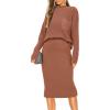 imagePRETTYGARDEN Womens 2024 Fall Two Piece Outfits Ribbed Knit Long Sleeve Pullover Sweater and Bodycon Midi Skirt Sets BrownSmall
