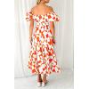imagePRETTYGARDEN Womens 2025 Summer Boho Midi Dress Off Shoulder Puff Sleeve Print Smocked Ruffle Beach Long Flowy Dresses OrangeSmall