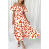 imagePRETTYGARDEN Womens 2025 Summer Boho Midi Dress Off Shoulder Puff Sleeve Print Smocked Ruffle Beach Long Flowy Dresses OrangeSmall