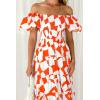 imagePRETTYGARDEN Womens 2025 Summer Boho Midi Dress Off Shoulder Puff Sleeve Print Smocked Ruffle Beach Long Flowy Dresses OrangeSmall